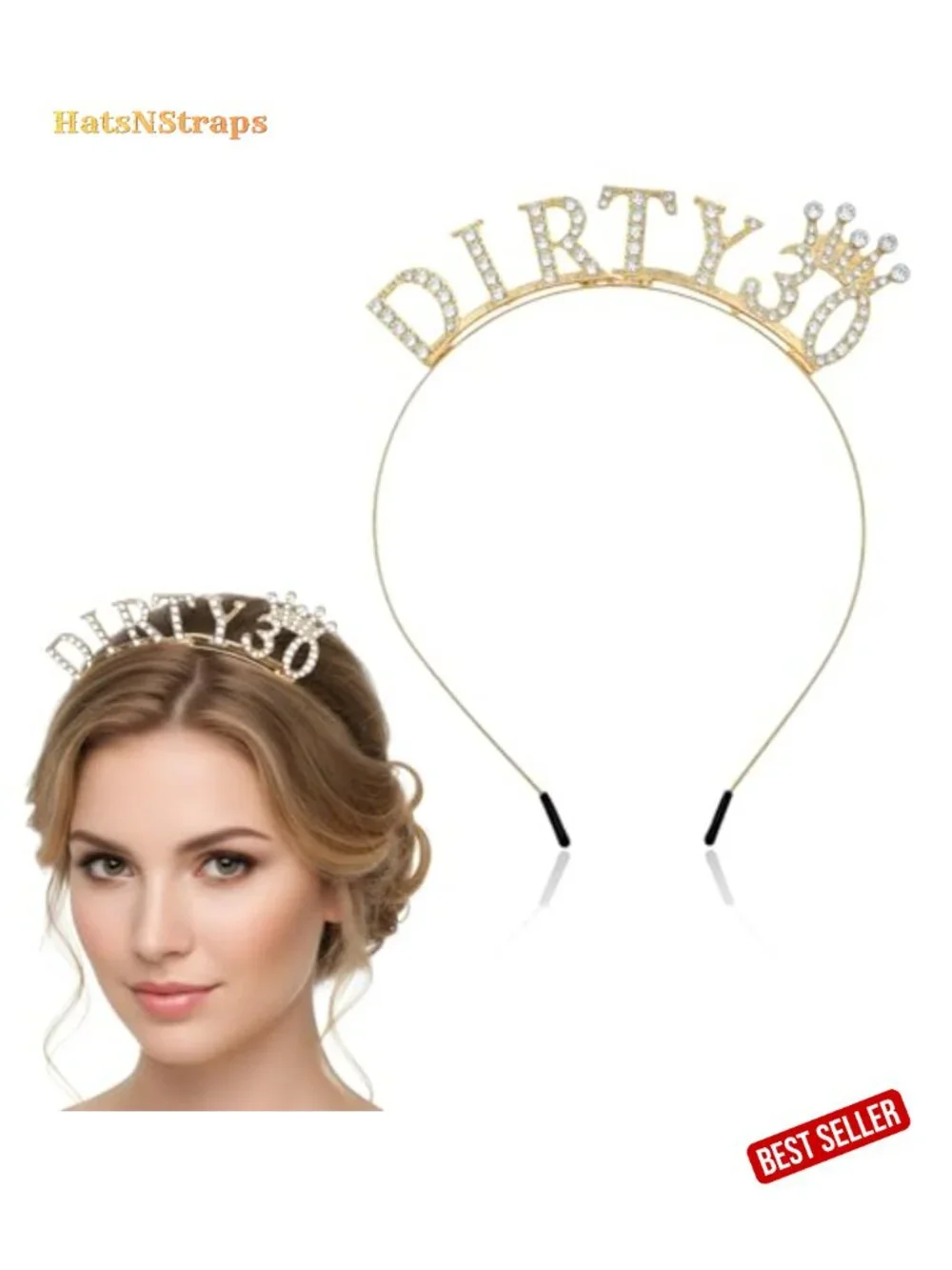 30th Birthday Tiara Headband, Gold Rhinestone Crown Headband for Women,